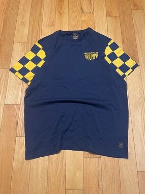 Triumph Navy T-Shirt with Yellow Checker Sleeve Accents